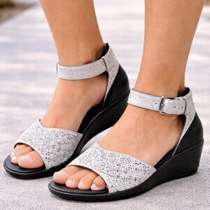 Wolky Size 37 Black & White Leather Comfort Wedge Sandals EU 37